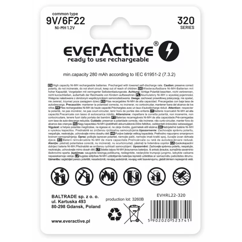 Įkraunama baterija everActive EVHRL22-320 9V NiMH prizminė 8,4V, 55 g, 48,5 mm