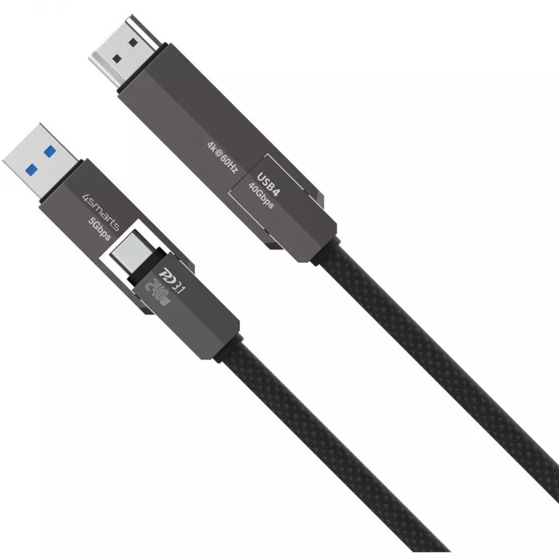 USB4 HDMI kabelis 4smarts ComboCord 240W 1,5 m – USB4 į HDMI, 240W galios tiekimas, 1,5 m ilgio