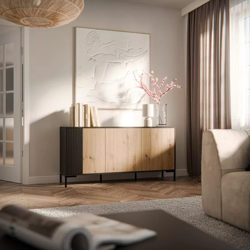 Komoda Cama Meble MERCI 151 x 40 x 74 cm – juoda / artisan ąžuolas, medžio drožlių plokštė