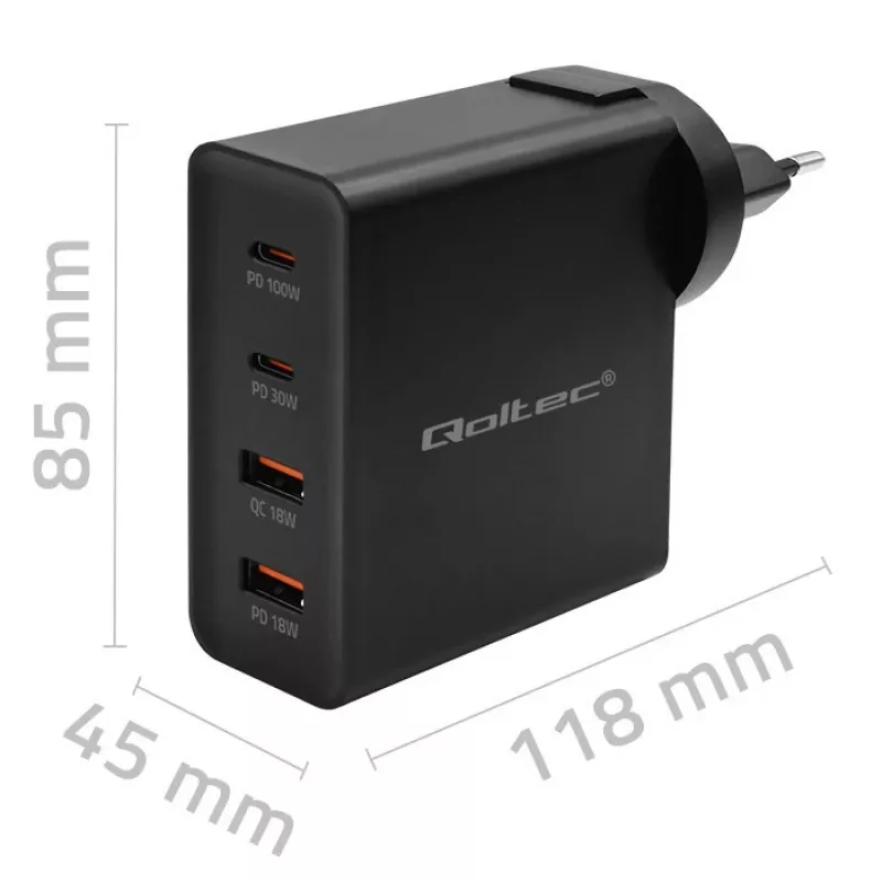 Qoltec GaN POWER PRO Įkroviklis | 2xUSB-C | 2xUSB | 130W | 5-20V | 1,5-5A | XP | Juoda