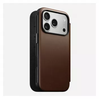 Odinė dėklo-knygelė Nomad Modern Leather Folio, skirta iPhone 17 Pro, ruda, 6,3 colio (16 cm), 4 kortelių kišenės