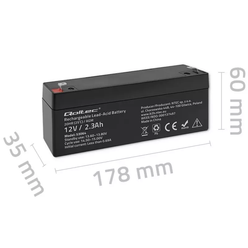 Sandari AGM baterija QOLTEC 12V 2,3Ah UPS ir atsarginės maitinimo sistemoms, maks. iškrova 34,5A