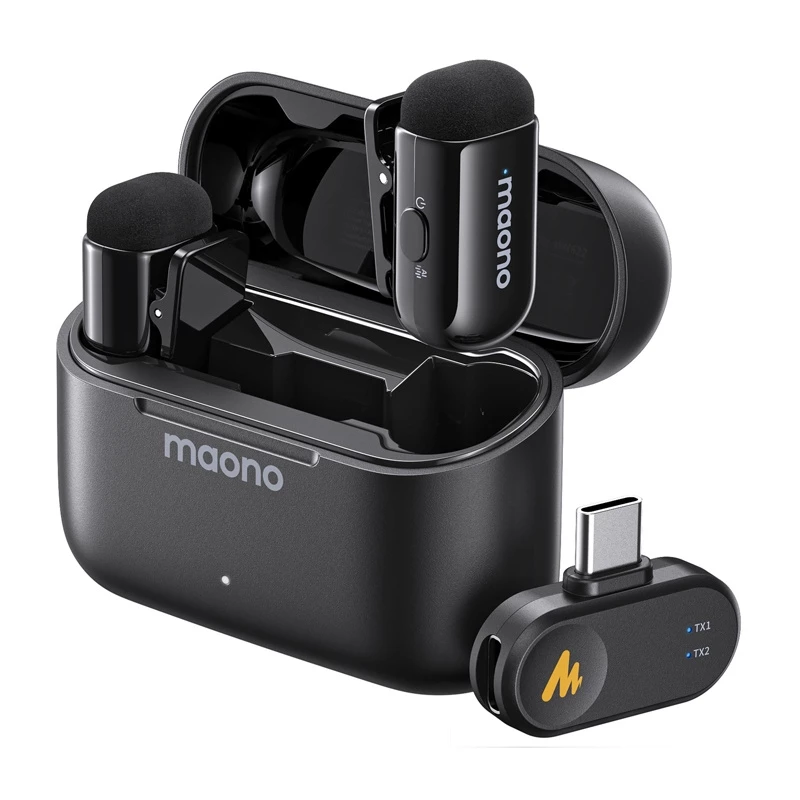 Belaidis mikrofonų rinkinys MAONO WM622 PC2, 2 siųstuvai, USB-C imtuvas, įkrovimo dėklas, 48 kHz/16 bitų, 360° omnikryptis, iki 100 m veikimo atstumas