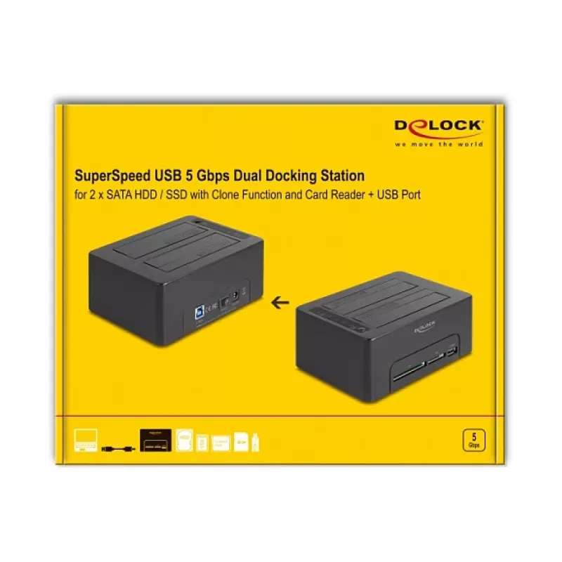 DeLOCK USB dviejų SATA HDD/SSD diskų stotelė su klonavimo funkcija ir kortelių skaitytuvu