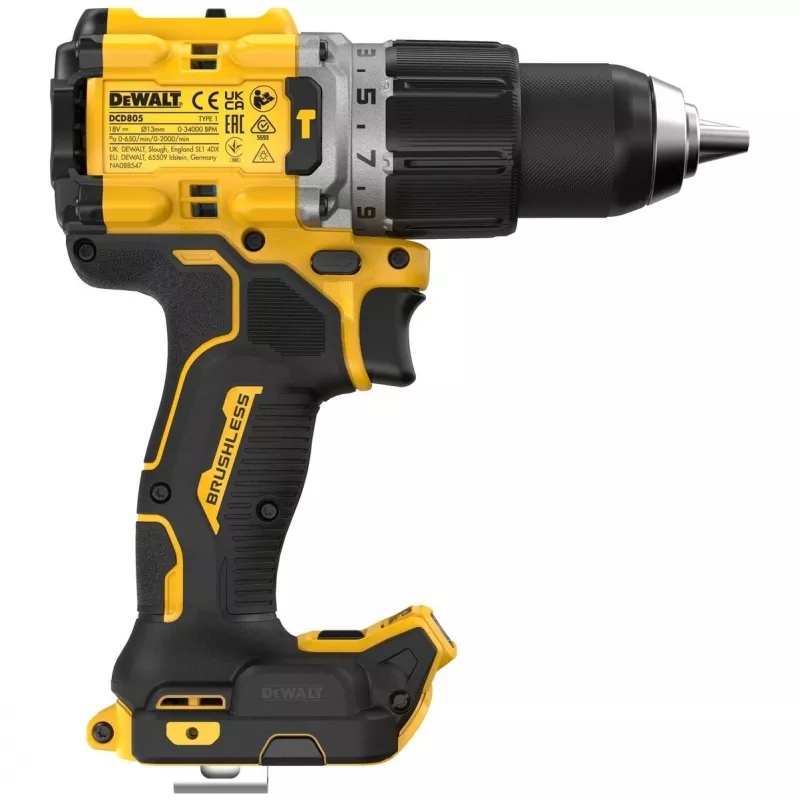 Pistolinis grąžtas DeWALT DCD805NT-XJ — 18 V bešepetėlis, 2000 aps/min, 90 N·m, 13 mm griebtuvas, 1,34 kg