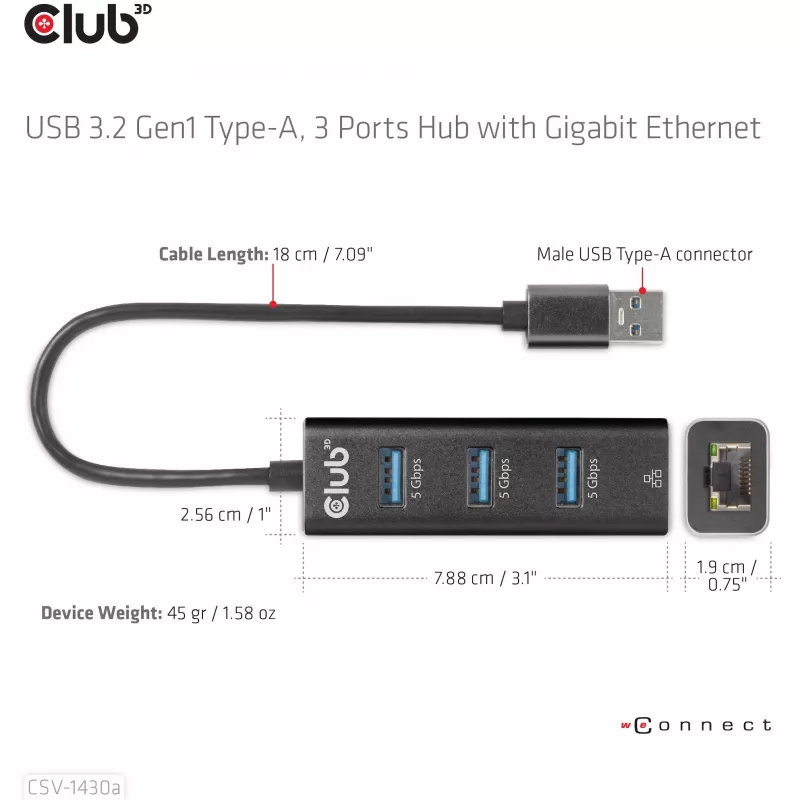 USB šakotuvas CLUB3D USB 3.2 Gen1 Type-A 3 prievadai su Gigabit Ethernet