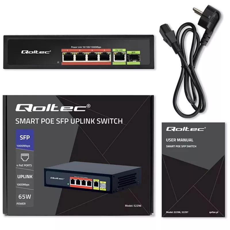 Ethernet PoE jungiklis QOLTEC 52296 — 4x RJ45 PoE prievadai, 1x RJ45 uplink