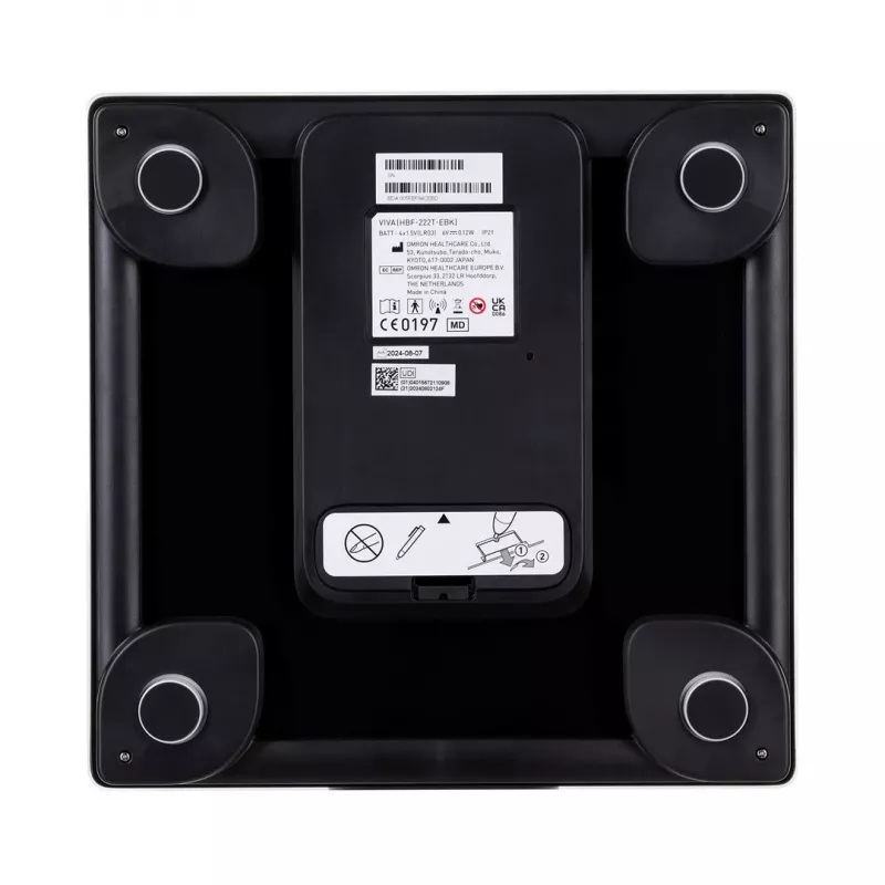 Asmeninės elektroninės svarstyklės Omron VIVA – kvadratinės, juodos, 150 kg, 100 g tikslumas, kūno riebalai/KMI/BMR, 30 vartotojų atmintis