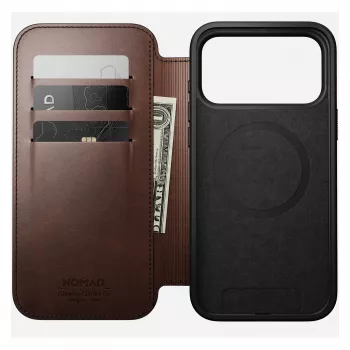 Nomad Modern Leather Folio dėklas iPhone 17 Pro Max — Ruda, oda, 6,3 colio ekranui, 4 kortelių kišenės
