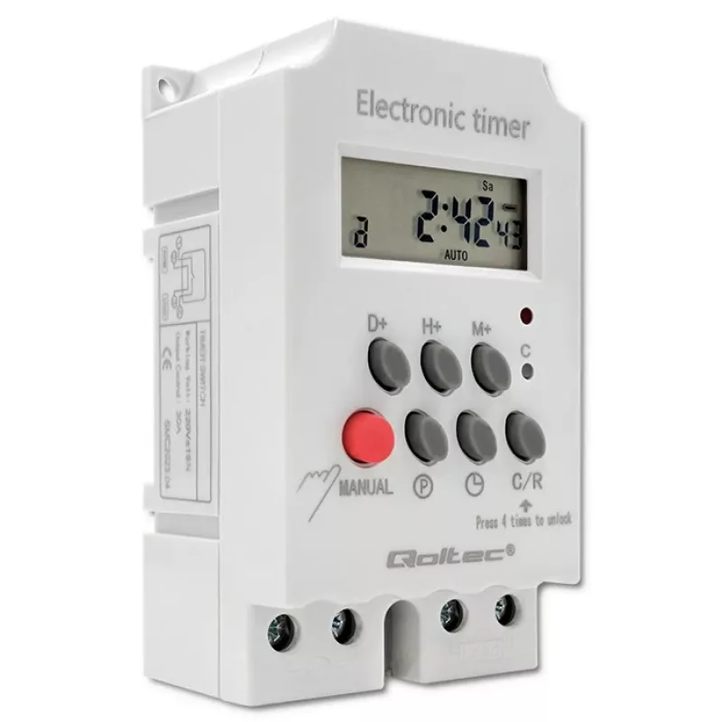 Elektroninis laikmatis DIN bėgiui QOLTEC PC0629 — 24V maitinimas, 16A išėjimas