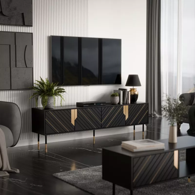 TV spintelė Cama Meble Cama 4D MOUNTAIN 2040×400×550 mm juoda + auksinė medžio drožlių plokštės viršus