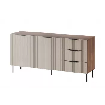 Komoda Cama Meble ALMERA 156×42×75 cm, riešutas/kreminė, 3 stalčiai, medžio drožlių plokštė