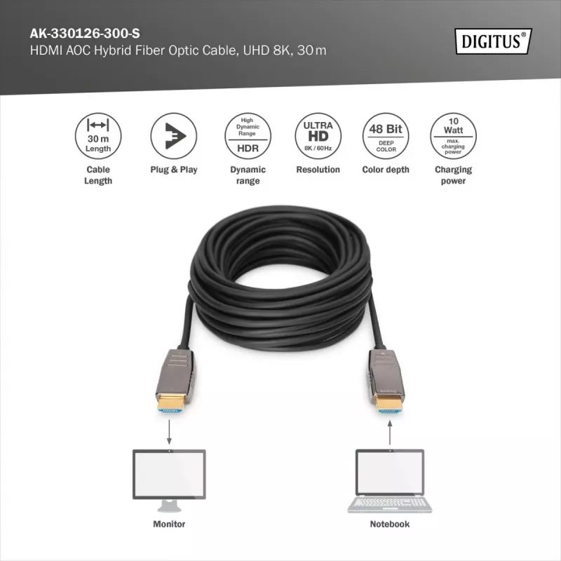 HDMI AOC hibridinis šviesolaidinis kabelis Digitus AK-330126-300-S, 30 m