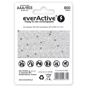 Įkraunamos AAA NiMH baterijos everActive EVHRL03-800 – 1,2 V, 4 vnt., cilindrinės 44,5×10,5 mm