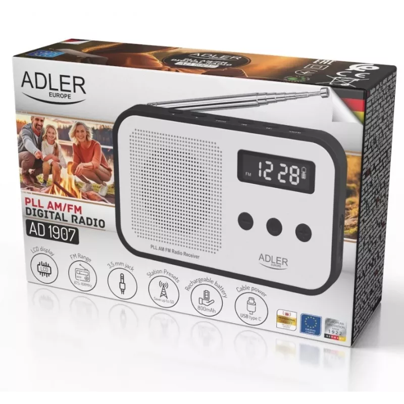 Nešiojamas skaitmeninis radijas Adler AD 1907 – AM/FM, skaitmeninis imtuvas, žadintuvas, USB-C, 600 mAh baterija, LCD, 20 išankstinių stočių, teleskopinė antena