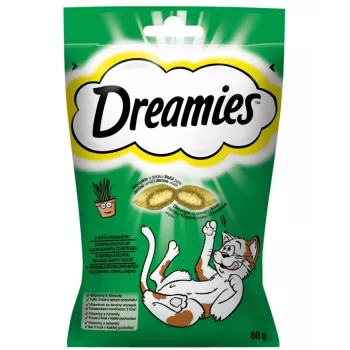 Kačių skanėstai Dreamies su katžole 60 g – traškūs kąsneliai su mėsos skoniu