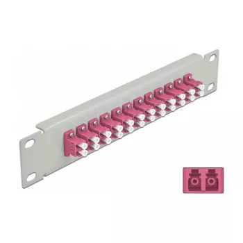 Skaidulinės optikos skirstymo panelė DeLOCK 10 colių 12 prievadų LC Duplex violetinė 1U pilka