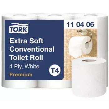 Tualetinis popierius Tork Premium Extra Soft Conventional T4 — 4 sluoksnių ritinėliai 9,7 cm x 19,1 m, pakuotė po 6 vnt.