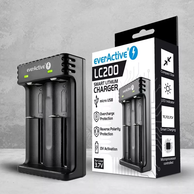Įkroviklis baterijoms everActive LC200, USB, 2 lizdai, Li-Ion, AA/AAA/AAAA/C/D, 5 V įėjimas, 4,2 V išėjimas, juodas