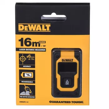 Lazerinis atstumo matuoklis DeWalt DW055PL-XJ, diapazonas 0–16 m, tikslumas ±6 mm, 3,7 V įkraunama baterija, USB laidas