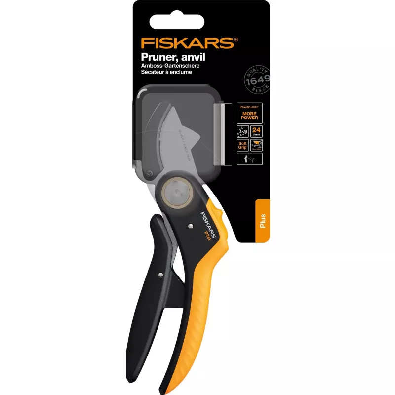Genėjimo žirklės Fiskars Plus PowerLever Anvil juodos oranžinės