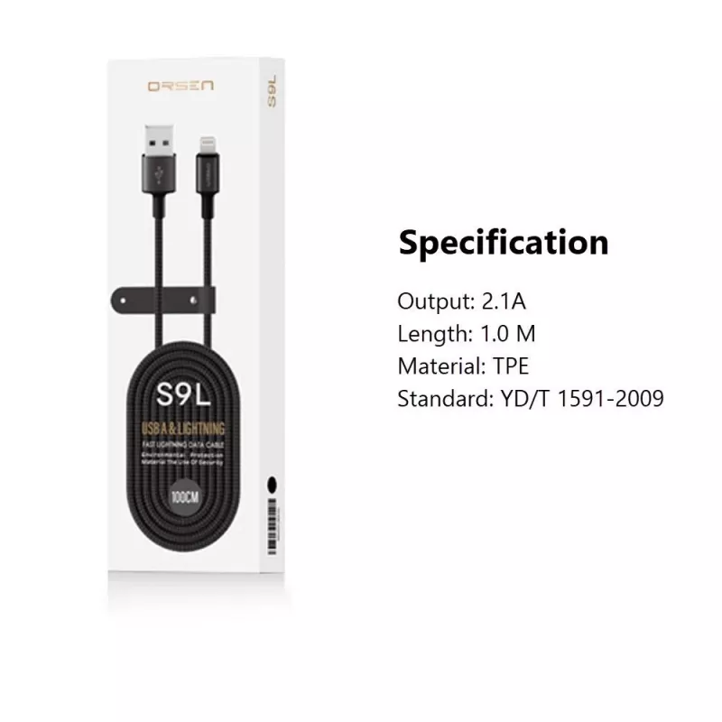USB-A į Lightning laidas Orsen S9L 1 m 2.1A – juodas