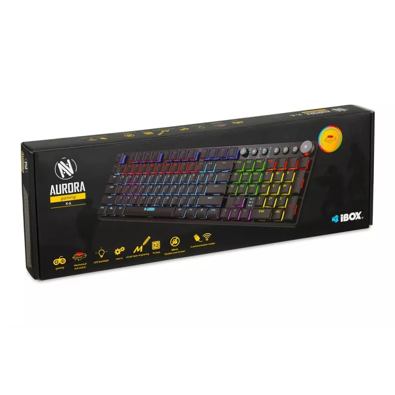 iBOX Aurora K-6 IKGMK6 mechaninė žema žaidimų klaviatūra, laidinė + RF belaidė + Bluetooth, KRGD Red jungikliai, LED pašvietimas, QWERTY anglų k., juoda