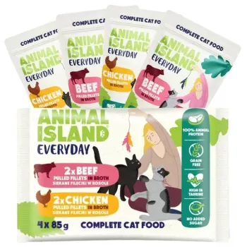 ANIMAL ISLAND Everyday Chicken and Beef fillets in broth - šlapias ėdalas katėms - 4 x 85 g