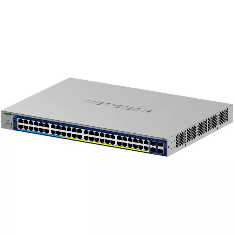 Valdomas Gigabit PoE komutatorius NETGEAR GS752TXUP — 48× Gigabit RJ-45, 10G palaikymas, 1U stelažas, 176 Gbit/s perjungimo talpa
