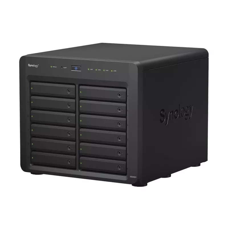 NAS Synology DS2422+; Tower; 12 x (3,5 colio SATA HDD / 2,5 colio SATA HDD / 2,5 colio SATA SSD); AMD Ryzen V1500B; 4 GB DDR4 (maks. 32 GB); 4 x 1GbE RJ-45