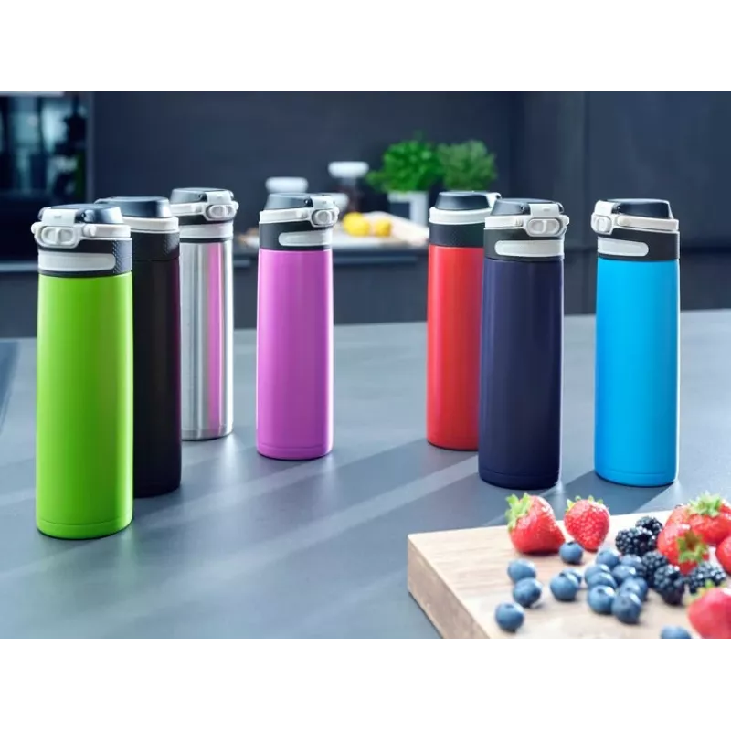 Kelioninis puodelis Leifheit 03275 600 ml nerūdijantis plienas, dvigubos sienelės, nesandarus, atverčiamas dangtelis, rankena, juoda/mėlyna