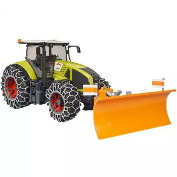 Žaislinis traktorius BRUDER Claas Axion 950 su sniego grandinėmis ir sniego valytuvu, mastelinis modelis