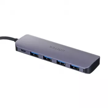 USB šakotuvas Unitek P5+ H1107A — 4 × USB-A 3.2 Gen 2, USB-C 3.2 Gen 1, 5 Gbit/s, 10 W PD, aliuminis, pilkas
