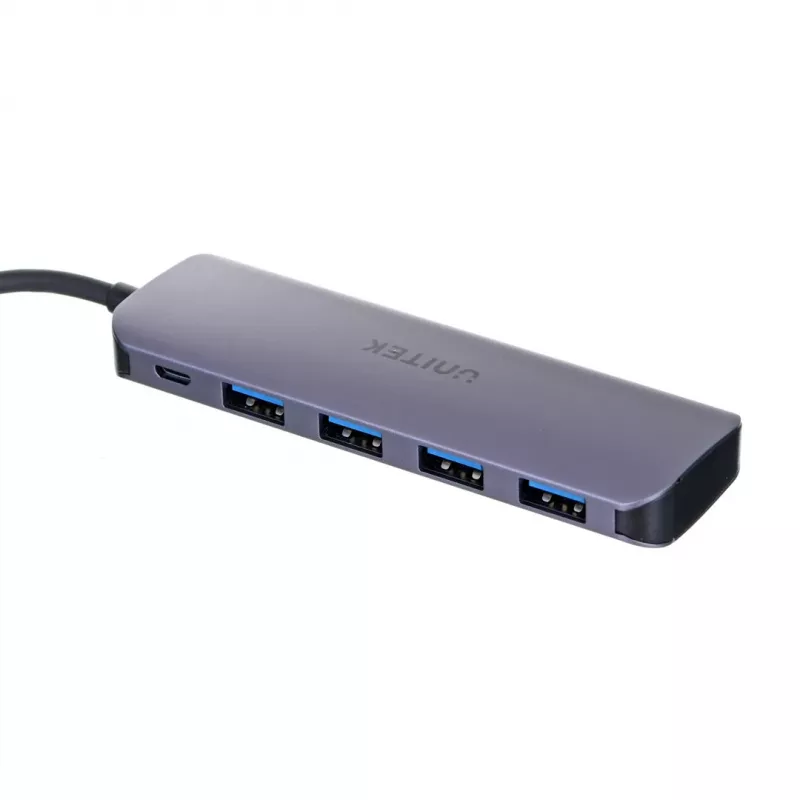 USB šakotuvas Unitek P5+ H1107A — 4 × USB-A 3.2 Gen 2, USB-C 3.2 Gen 1, 5 Gbit/s, 10 W PD, aliuminis, pilkas