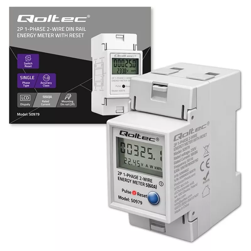 Energijos skaitiklis QOLTEC Vienfazis DIN-bėgis 230V (MPN 50979)