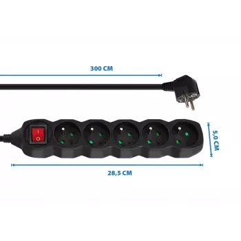 Prailginimo laidas ESPERANZA ELK215K – 3 m laidas, 5 Type E AC lizdai, vidaus patalpoms, juodas