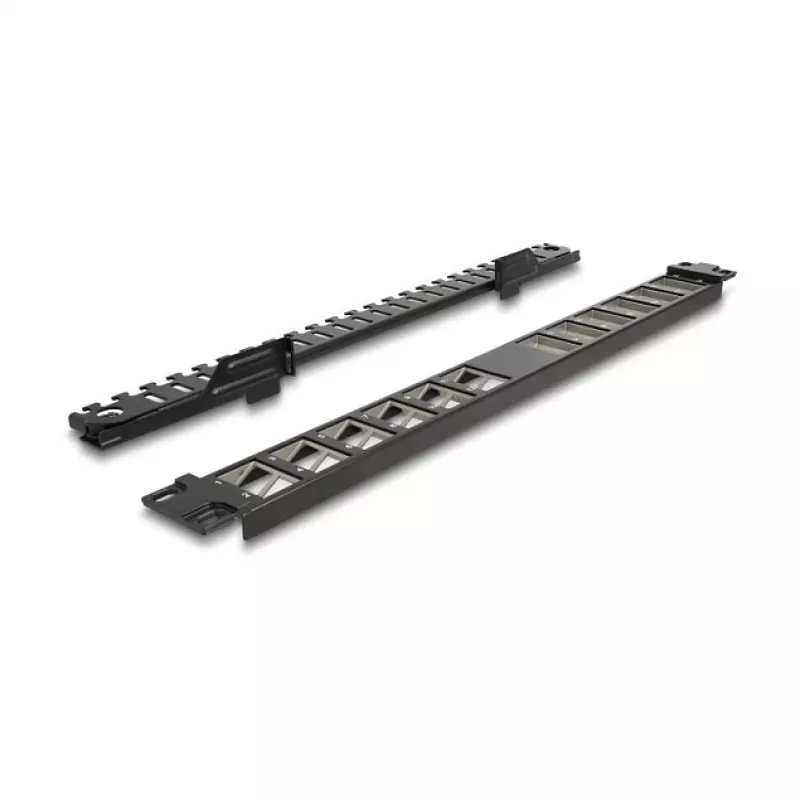 DELOCK 19 colių Keystone pataisų skydelis 24 prievadų kampuotas su įtempimo mažinimu, 1U, juodas, 482,6×125,5×44,2 mm