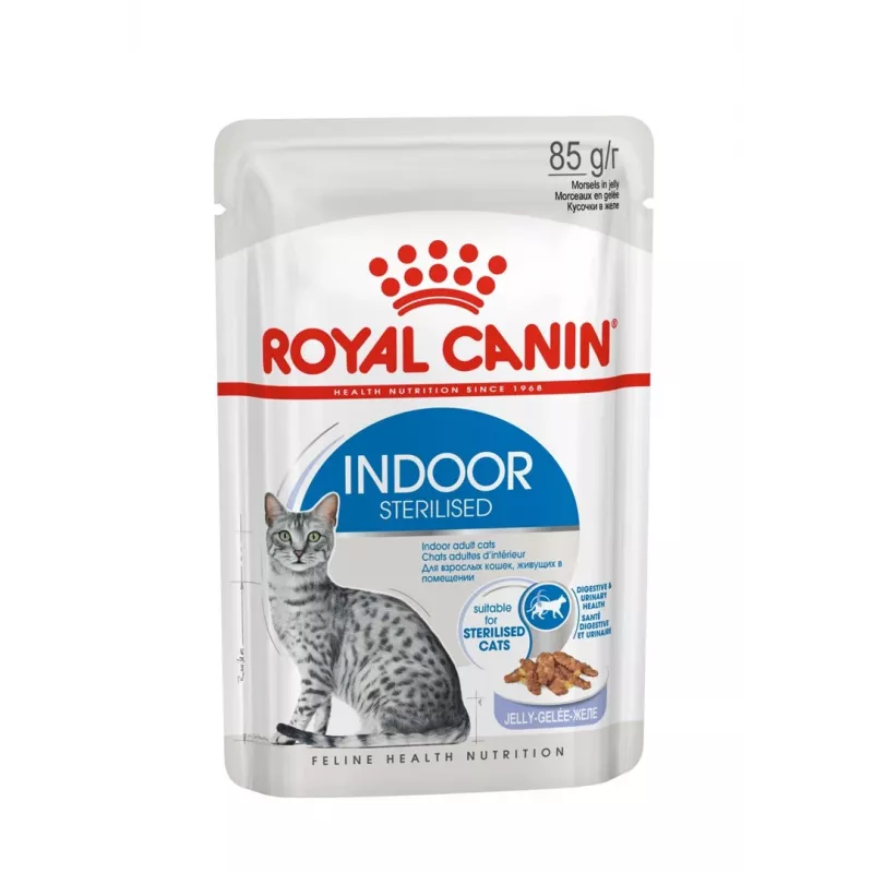 Šlapias kačių ėdalas Royal Canin Indoor Sterilized 85 g pakuotė – suaugusioms sterilizuotoms katėms, paukštienos skonis, dėžutė 12 x 85 g