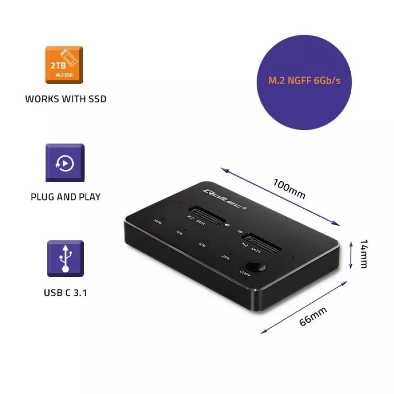 Qoltec 50310 Docking stotelė 2x SSD M.2 SATA NGFF USB Type C