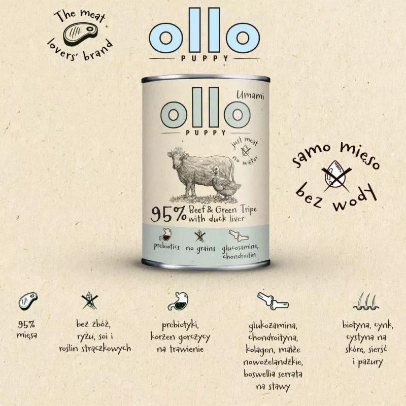 OLLO Puppy Umami jautiena su žaliuoju prieskrandžiu ir antienos kepenėlėmis - šlapi šunų ėdalas - 400g