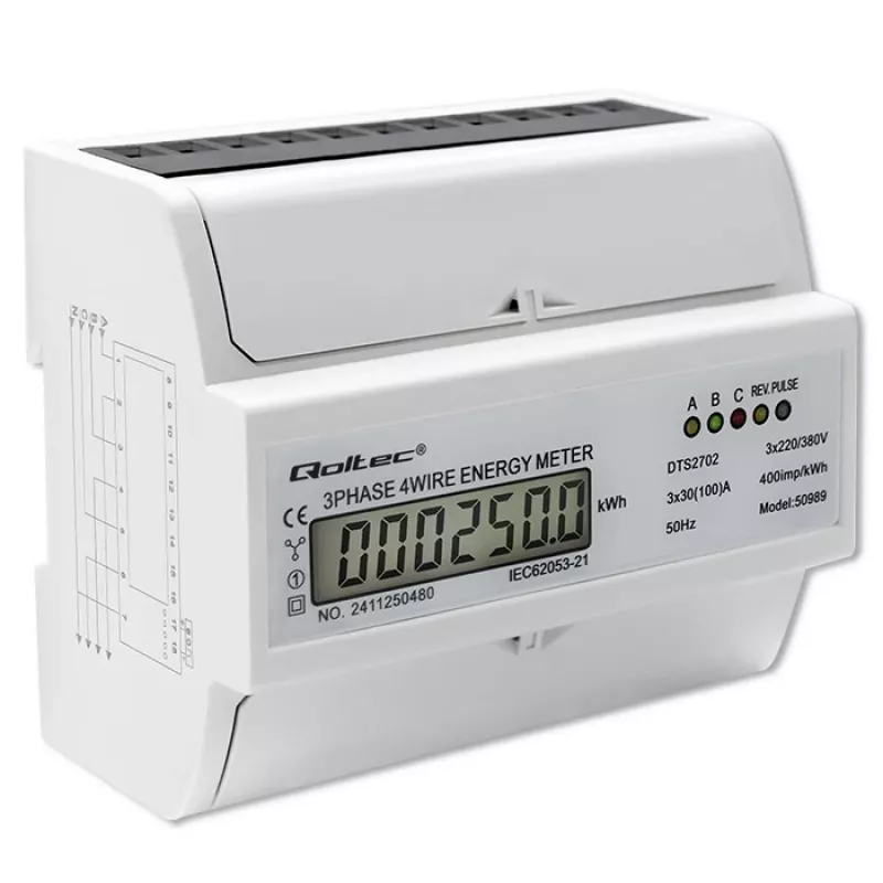Qoltec trifazis dviejų krypčių skaitiklis | DIN bėgio energijos suvartojimo matuoklis | 400V | 100A | LCD | 4P