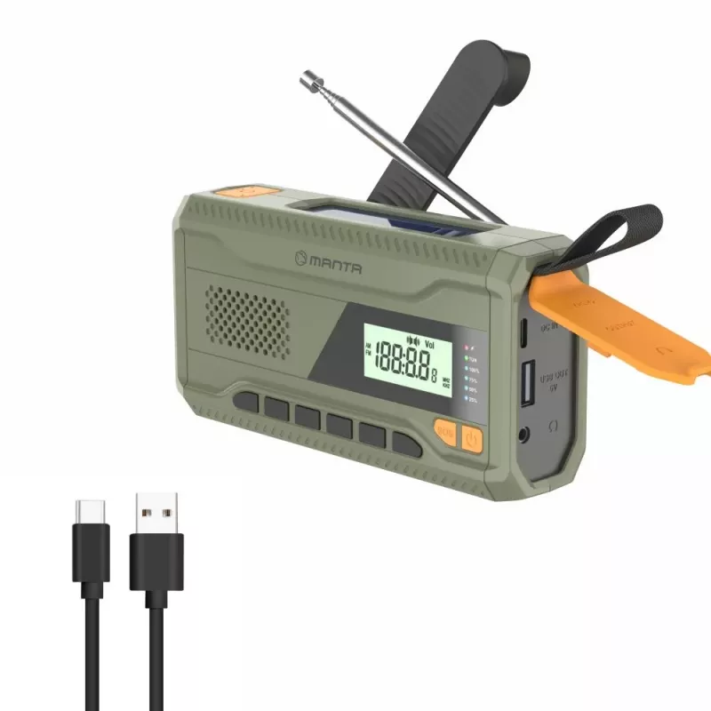 Nešiojamas FM radijas MANTA RDI401G su saulės baterija, dinaminiu sukimu, 4000–4500 mAh akumuliatoriumi, 5V USB išėjimu, 3W, žibintuvėliu