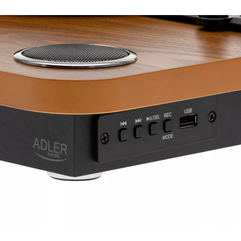 Patefono grotuvas Adler AD 1914 analoginis bėginės pavaros su USB, keramine plokštele, DC varikliu, 33 1/3 aps./min., Bluetooth 5.4, RCA išėjimais, įmontuotais garsiakalbiais