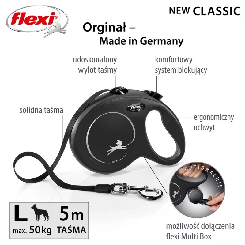 Flexi New Classic L šuns pavadėlis su automatiniu susivyniojimu, juosta, 5 m, iki 50 kg, juodas