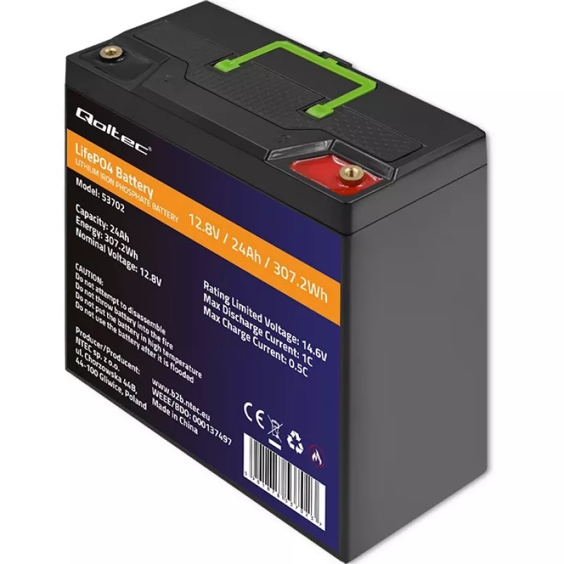 Qoltec 53702 LiFePO4 ličio geležies fosfato baterija | 12,8V | 24Ah | 307,2Wh | BMS