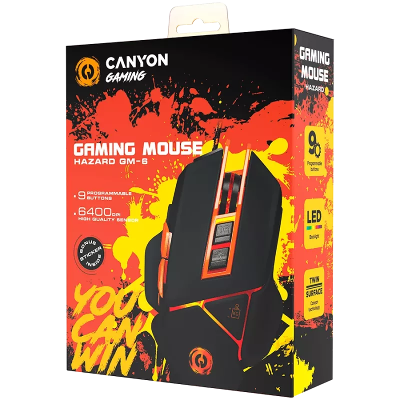 CANYON pelė Hazard GM-6 LED laidas Juoda Oranžinė