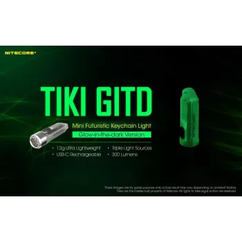Rakto pakabuko žibintuvėlis Nitecore TIKI GITD pilkas – USB įkraunamas, 1 lm, 55 mm, 12 g, IP66