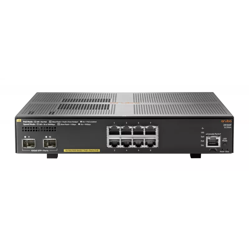 Hewlett Packard Enterprise HPE Aruba 2930F 8G PoE+ 2SFP+ - Valdomas L3 jungiklis - 8 x 10/100/1000 (PoE+) + 2 x 1 Gb/10 Gb SFP+ (aukštyn) - montuojamas į stelažą - PoE+ (125 W)