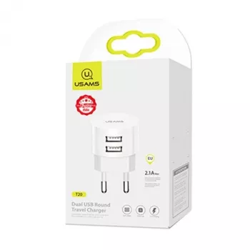 USAMS US-CC080 T20 Dvigubo USB apvalus kelioninis įkroviklis, 10.5W, baltas