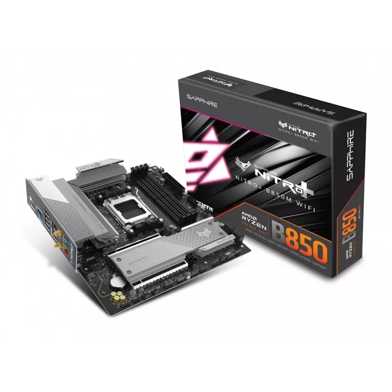 Motininė plokštė Sapphire NITRO+ B850M WIFI — AMD B850, lizdas AM5, micro ATX, DDR5, 4x DIMM, Wi‑Fi 6, 2,5Gb LAN, 2x M.2